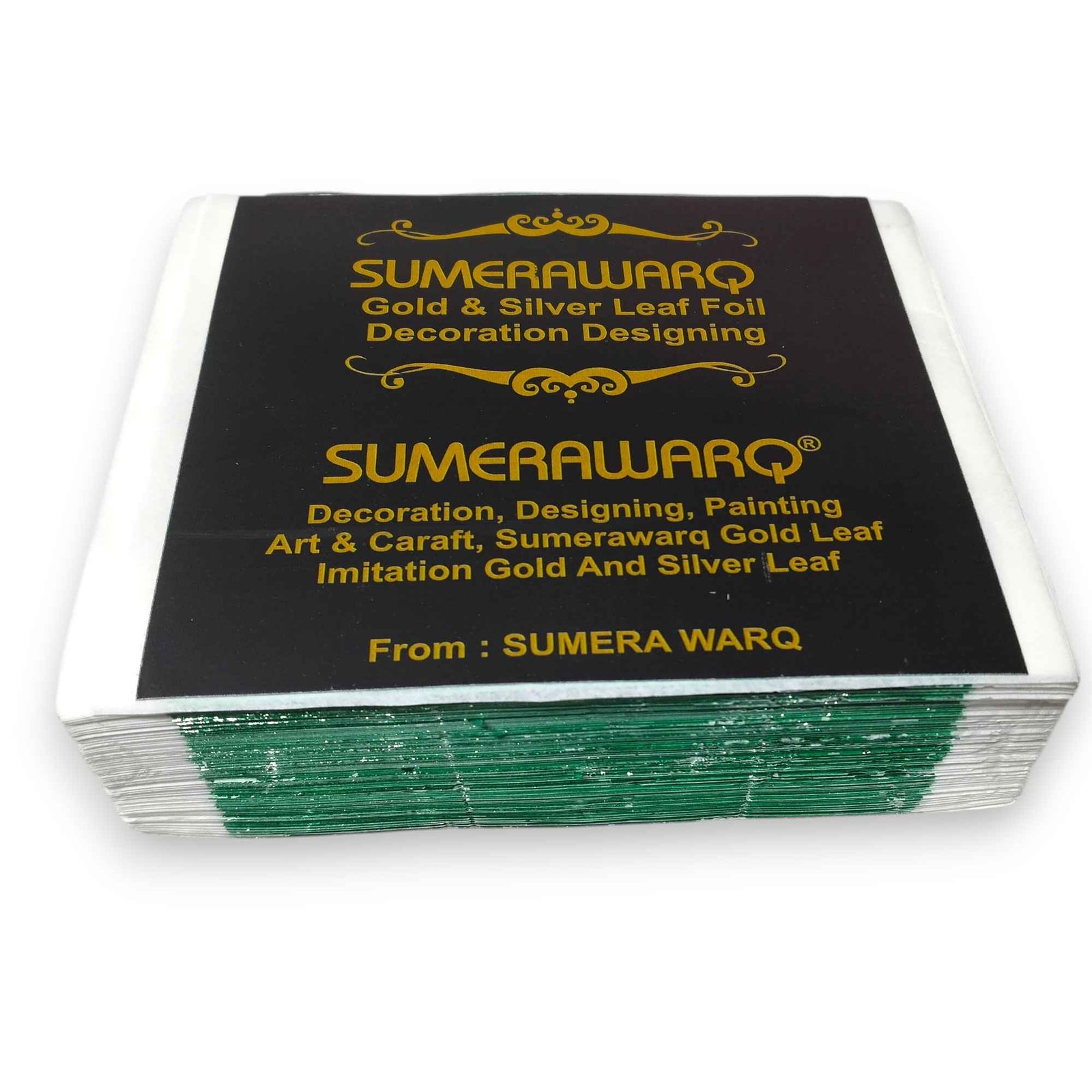 Stack of light green gold leaf foil sheets in Sumera Warq packaging
