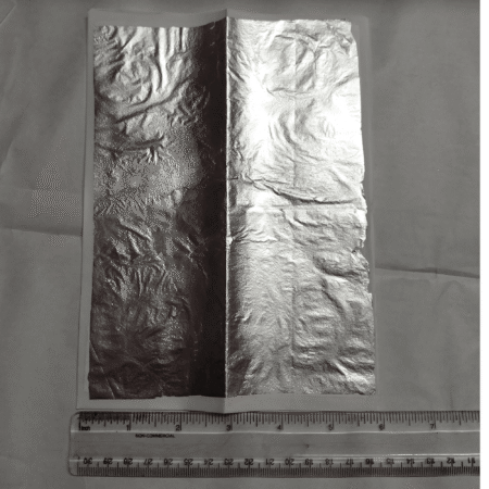 Silver leaf sheet 6x8 inch shown with ruler for size