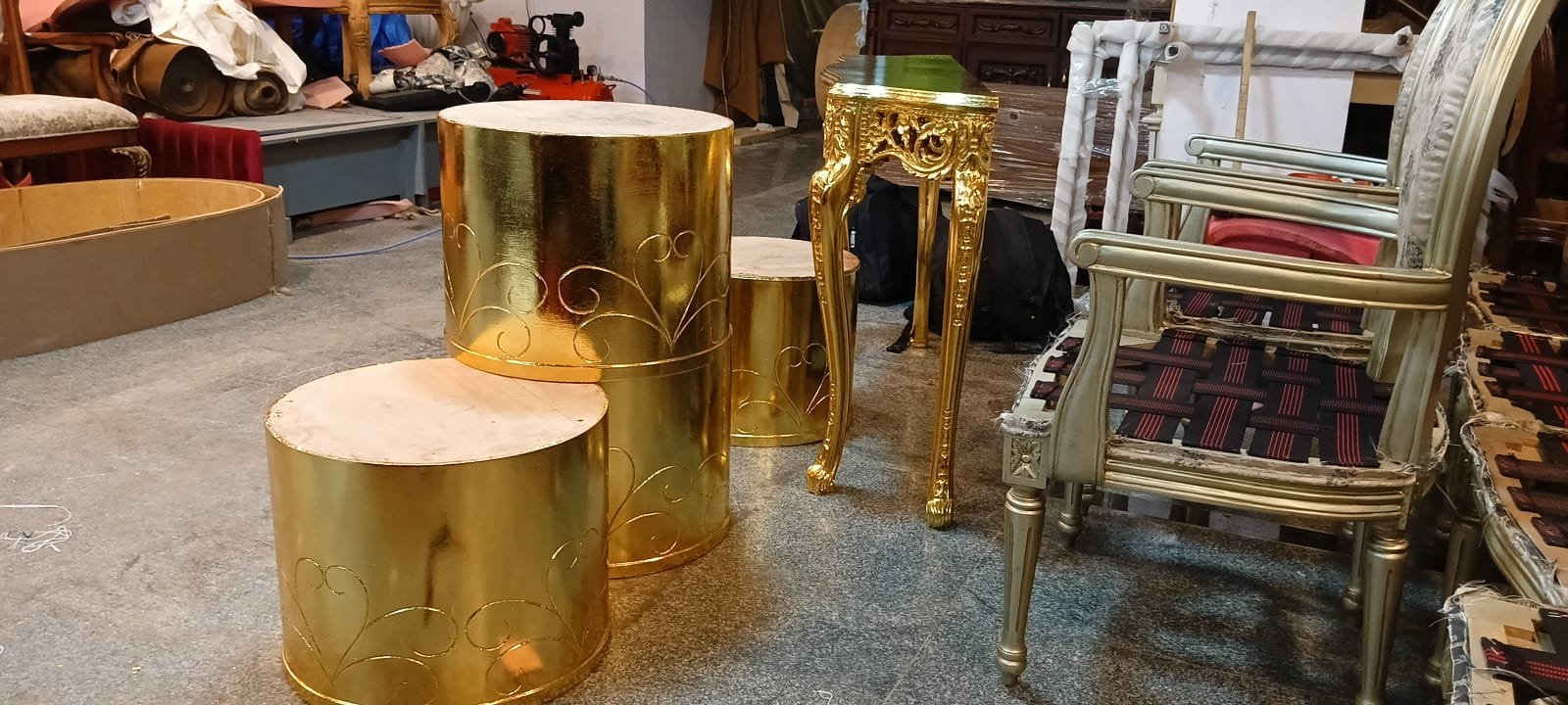 Gold leafed tables and furniture at Sumera Warq Jaipur workshop
