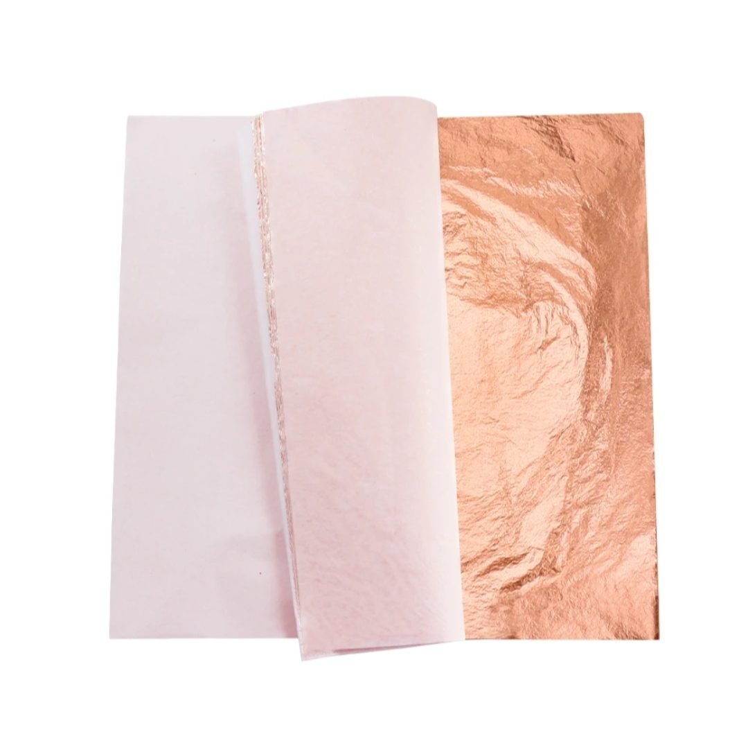 Copper leaf foil sheet 16x16 cm shown with tissue paper backing