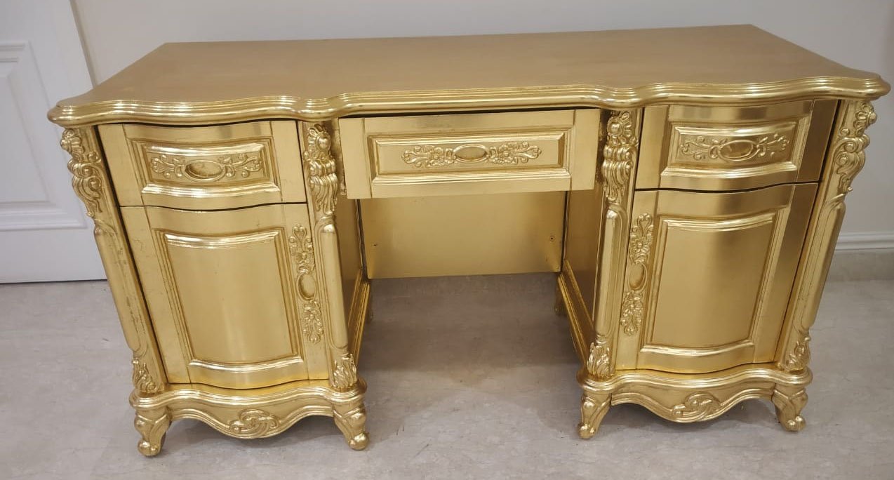Carved wooden dressing table finished in gold leaf by Sumera Warq
