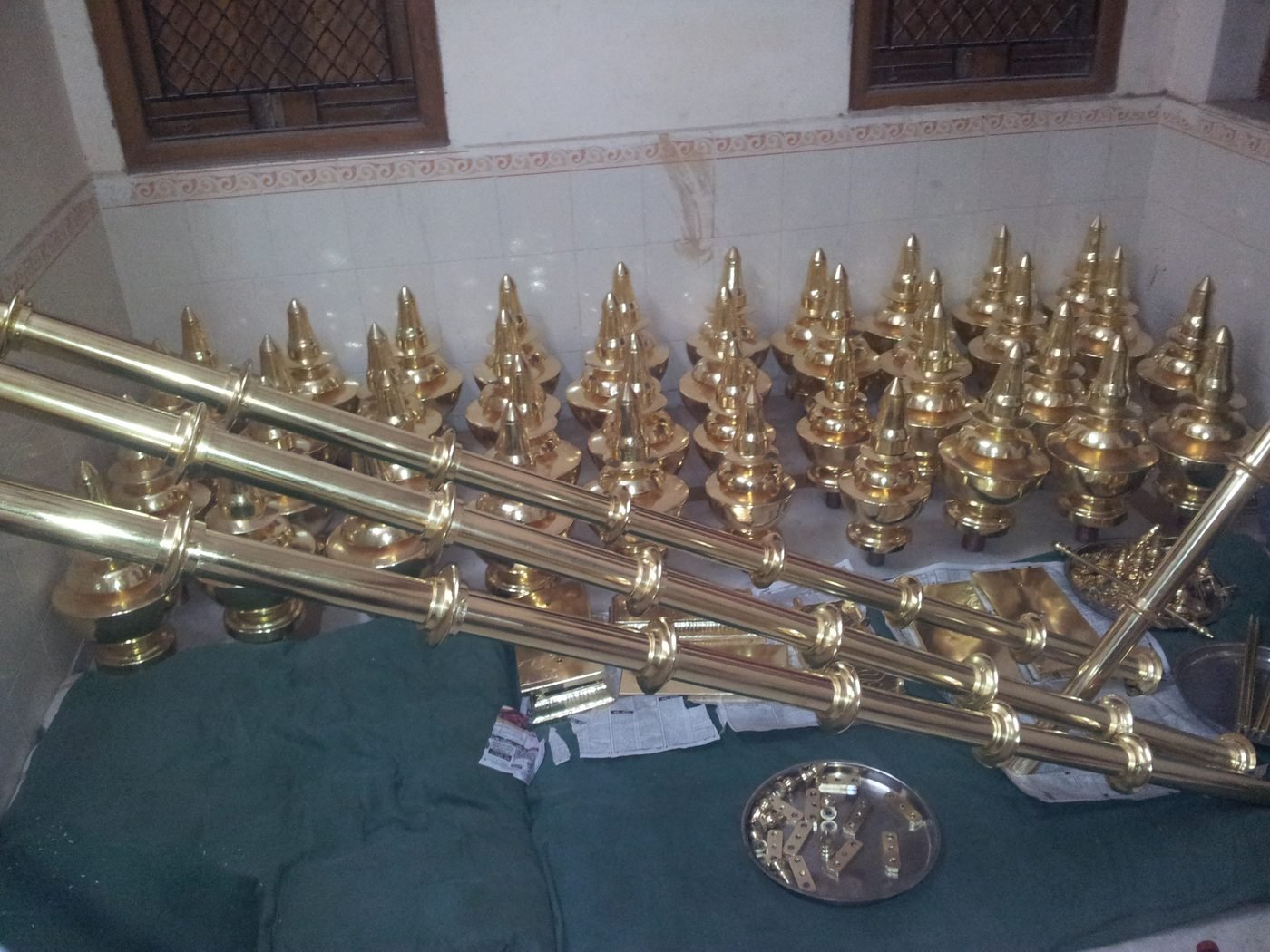 Gold leafed mandir kalash and dhwaj dand set by Sumera Warq