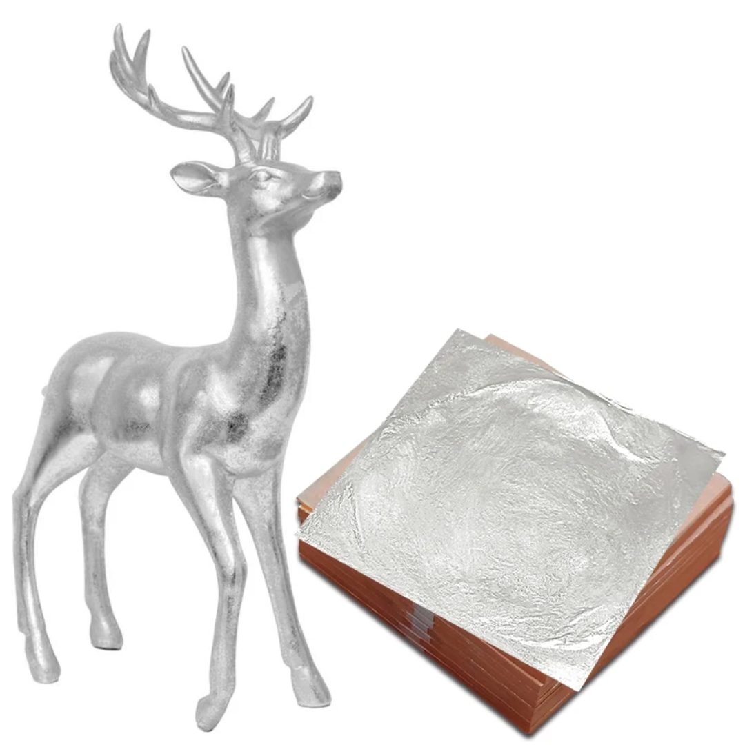 Silver leaf foil sheets applied on a decorative deer statue
