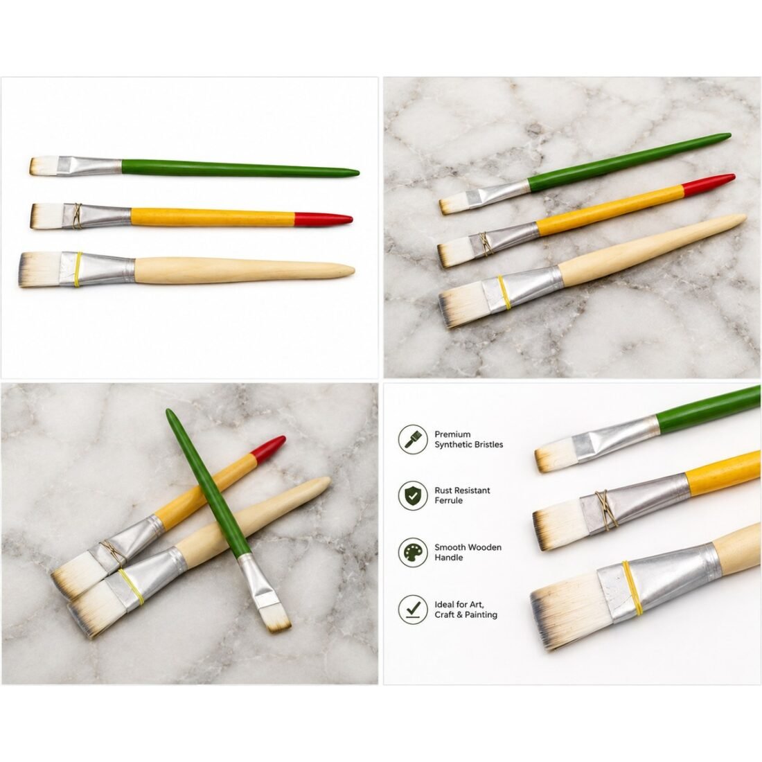 Features of Sumera Warq gold leafing brush set - premium synthetic bristles, rust resistant ferrule, smooth wooden handle