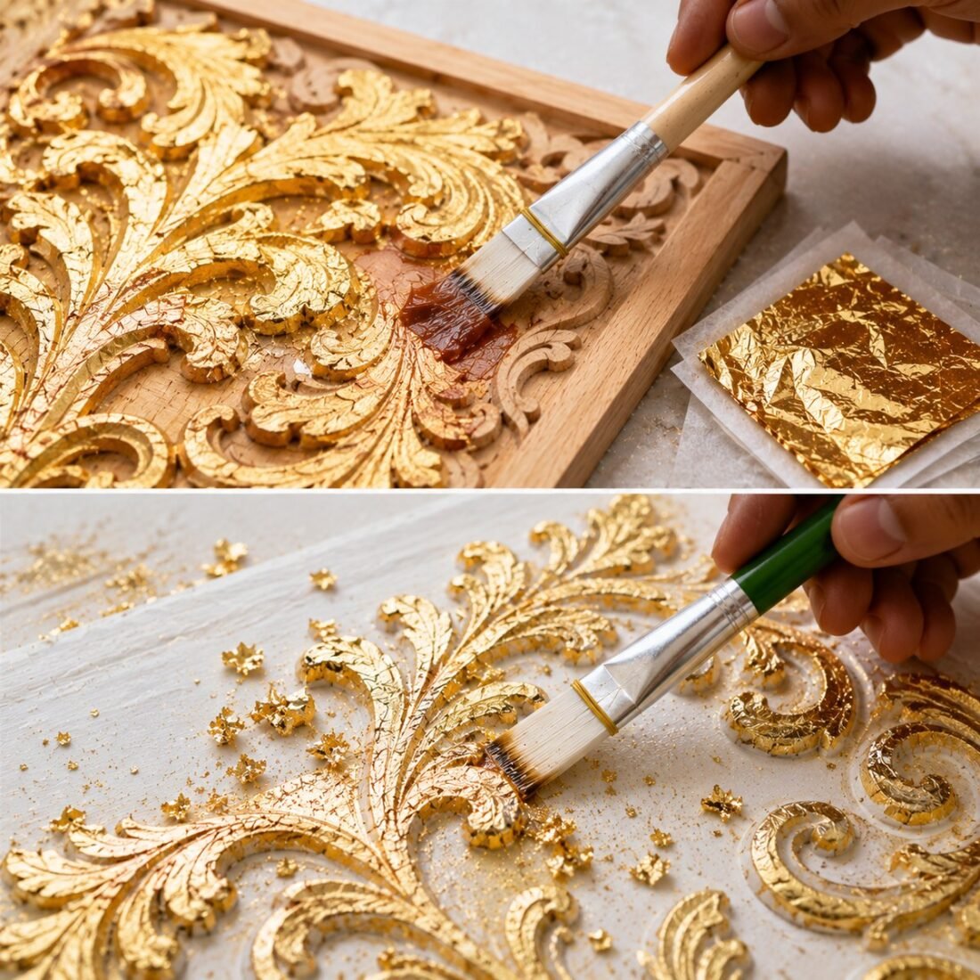 Craftsman using Sumera Warq gilding brush to apply adhesive glue and gold leaf on carved wooden panel