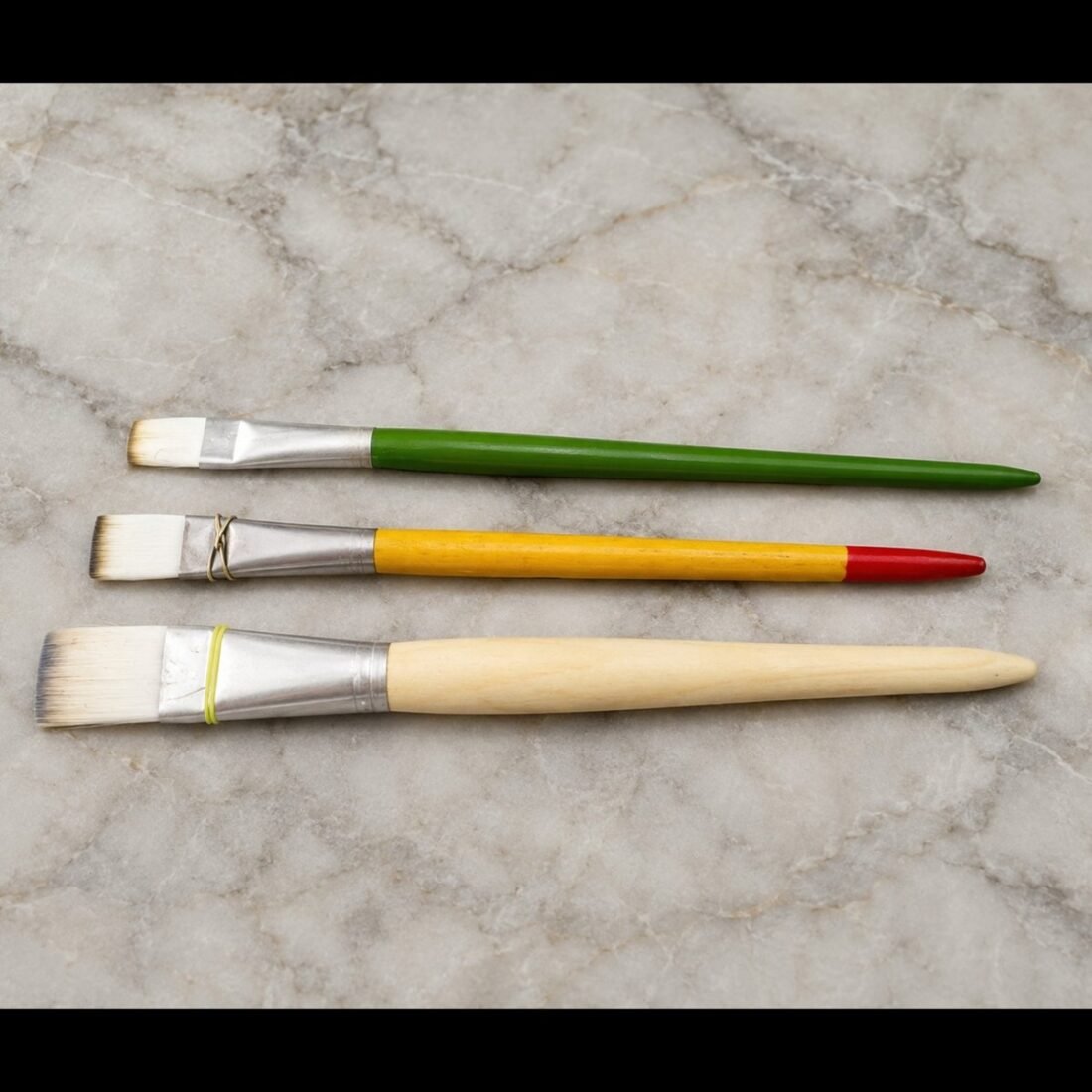 Three flat gilding brushes for gold leaf and varak work displayed on marble surface