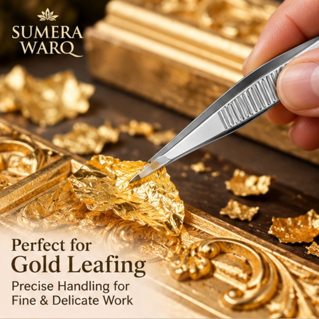 Gold leaf tweezer slant tip lifting gold leaf sheet