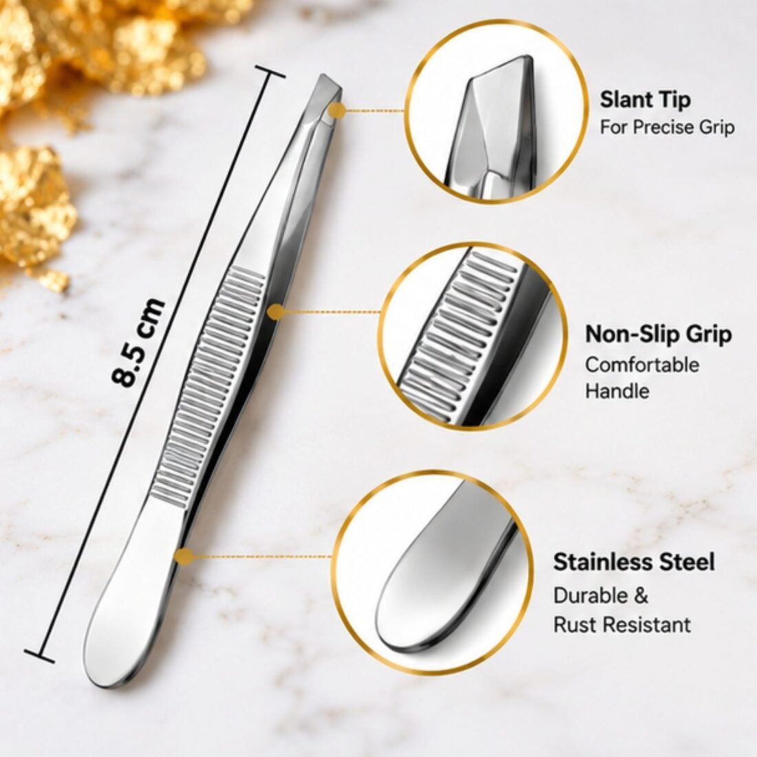 Gold leafing tweezer features - slant tip, non-slip grip, 8.5 cm