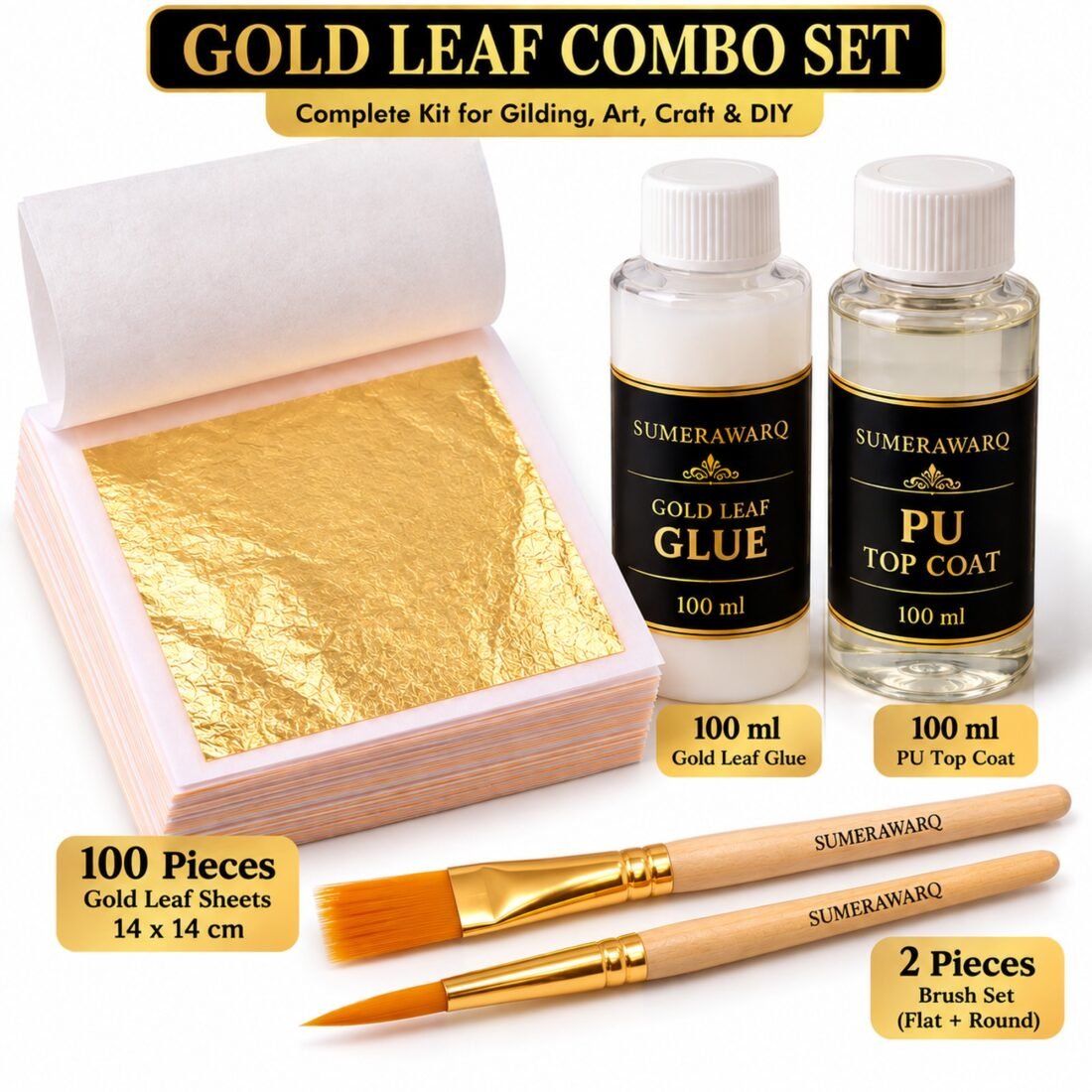 Gold leaf combo set 14x14 cm with 100 sheets glue PU top coat and 2 brushes - Sumera Warq