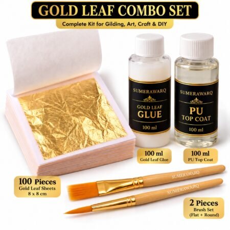 Gold leaf combo set with 100 gold leaf sheets glue PU top coat and 2 brushes - Sumera Warq
